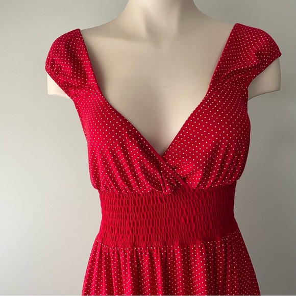 Blush Rockabilly Polka Dot Midi Dress Smocked Waist Red White Size Small - Picture 3 of 9